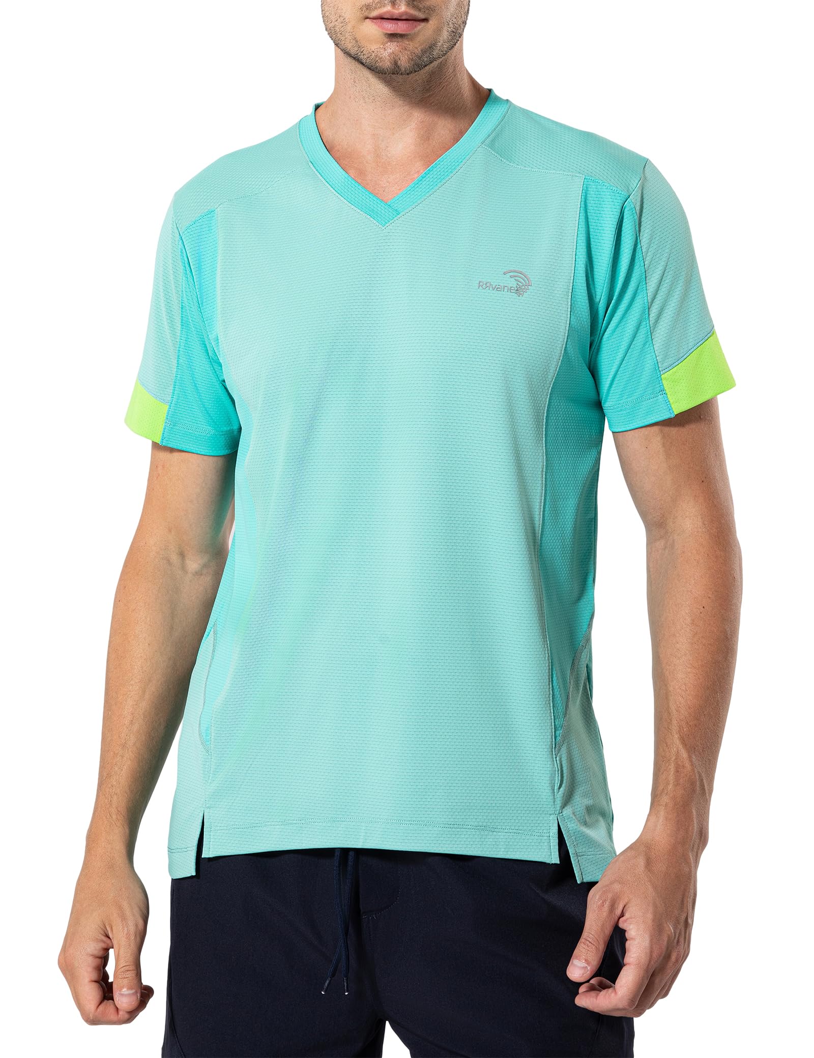 RRvane Men's V-Neck Sports Top, Lightweight Quick-Dry Running Shirt with Reflective Detail & Mesh Panels (M, Turquoise)