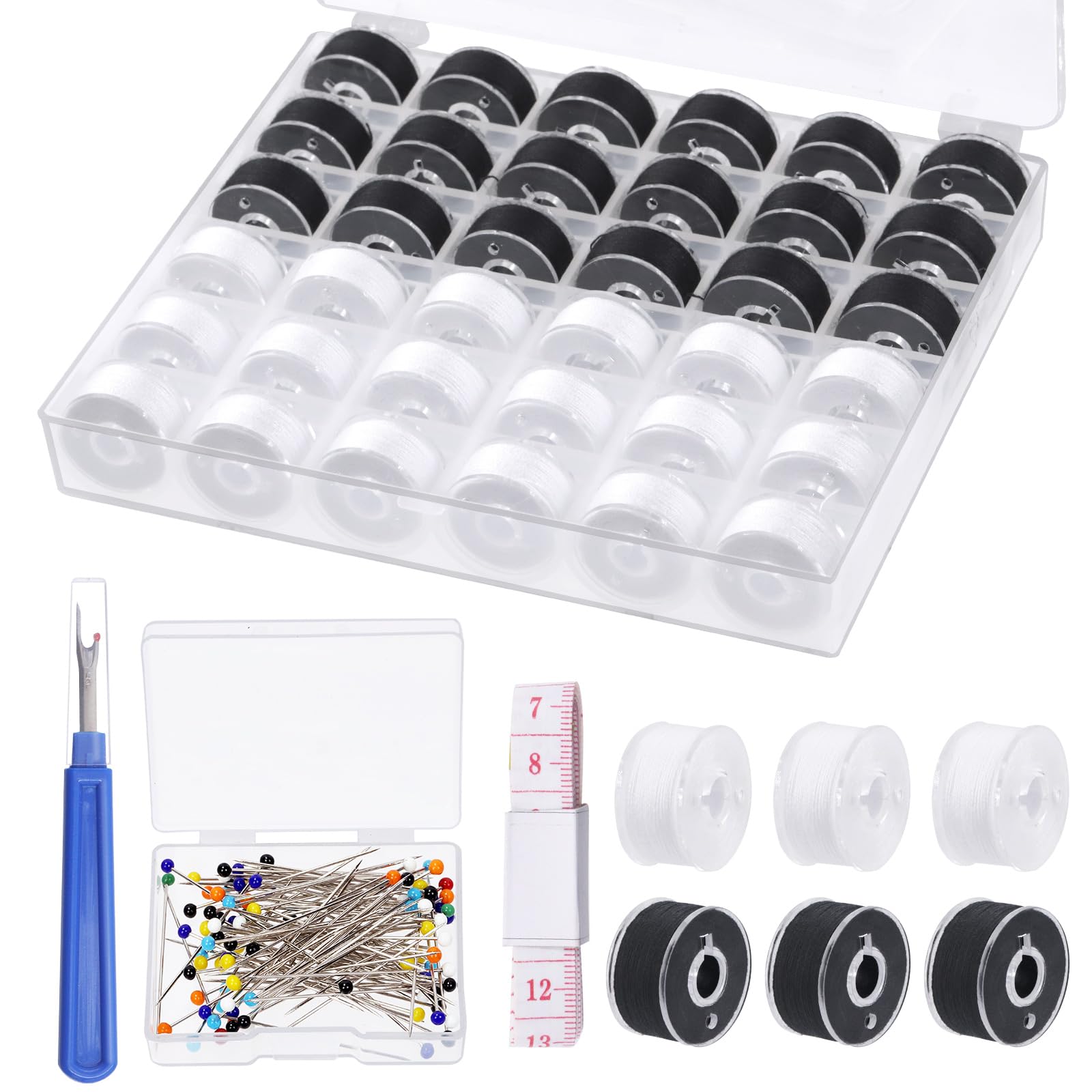 Mardatt 138Pcs White & Black Bobbins Sewing Threads Kit Includes Bobbin Thread with Bobbin