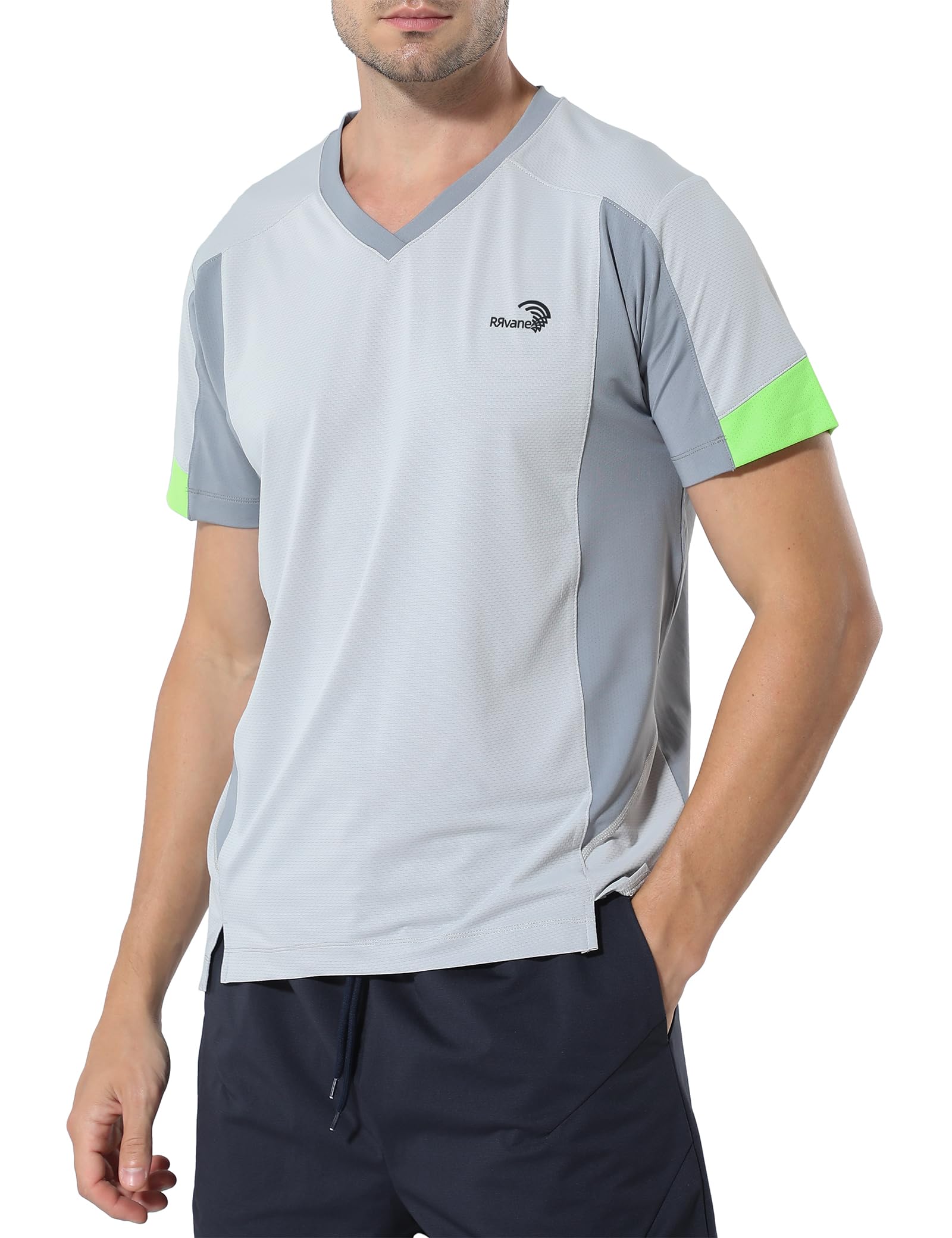 RRvane Men's V-Neck Sports Top, Lightweight Quick-Dry Running Shirt with Reflective Detail & Mesh Panels (3XL, Light Grey)