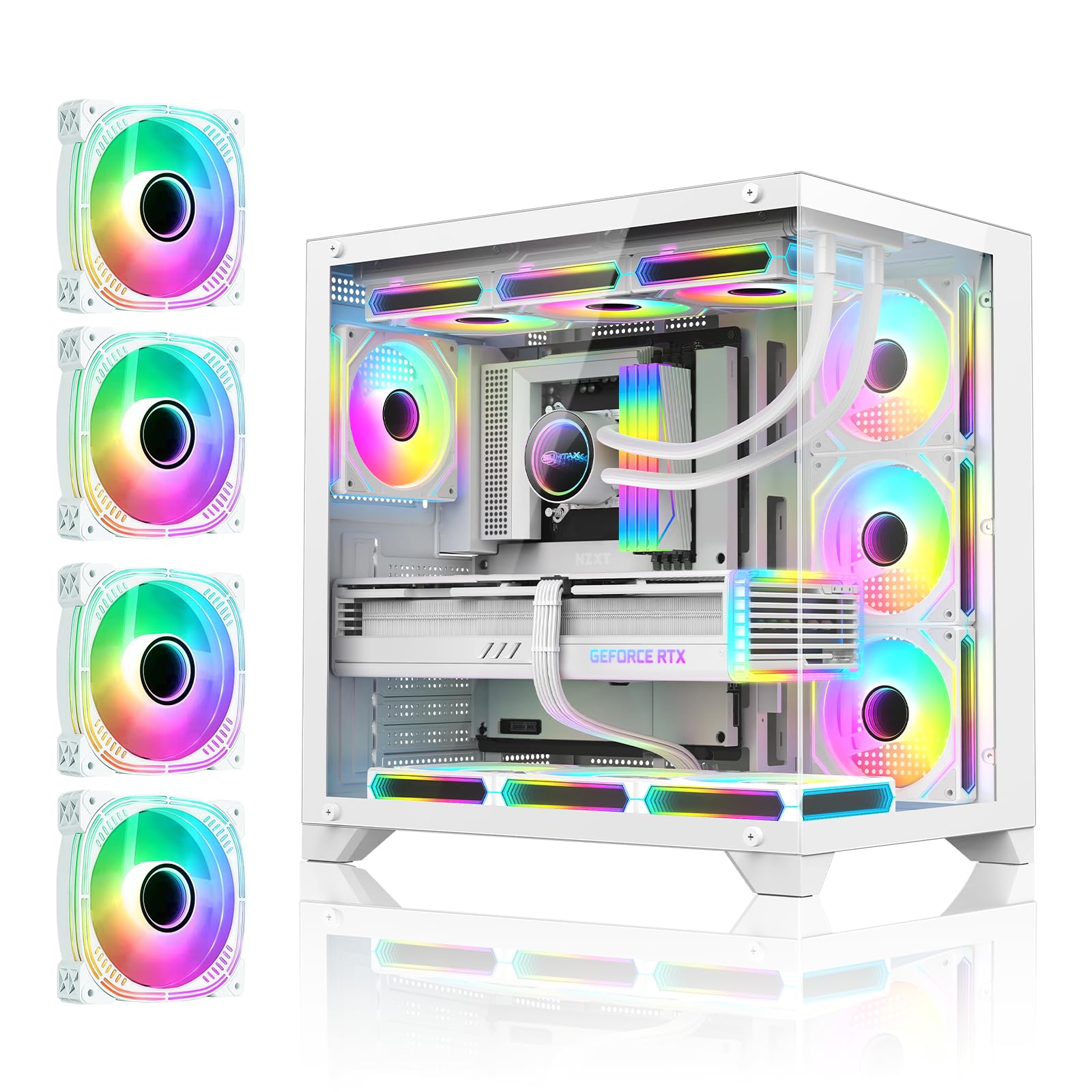 White PC Case with 120mm*4 ARGB Fans Pre-Installed, Full Tower Dual Chamber Tempered Glass Computer Desktop Chassis for Gaming, Support Dual 360mm Radiator/ATX Back-Insert/Ready for NVIDIA 50S