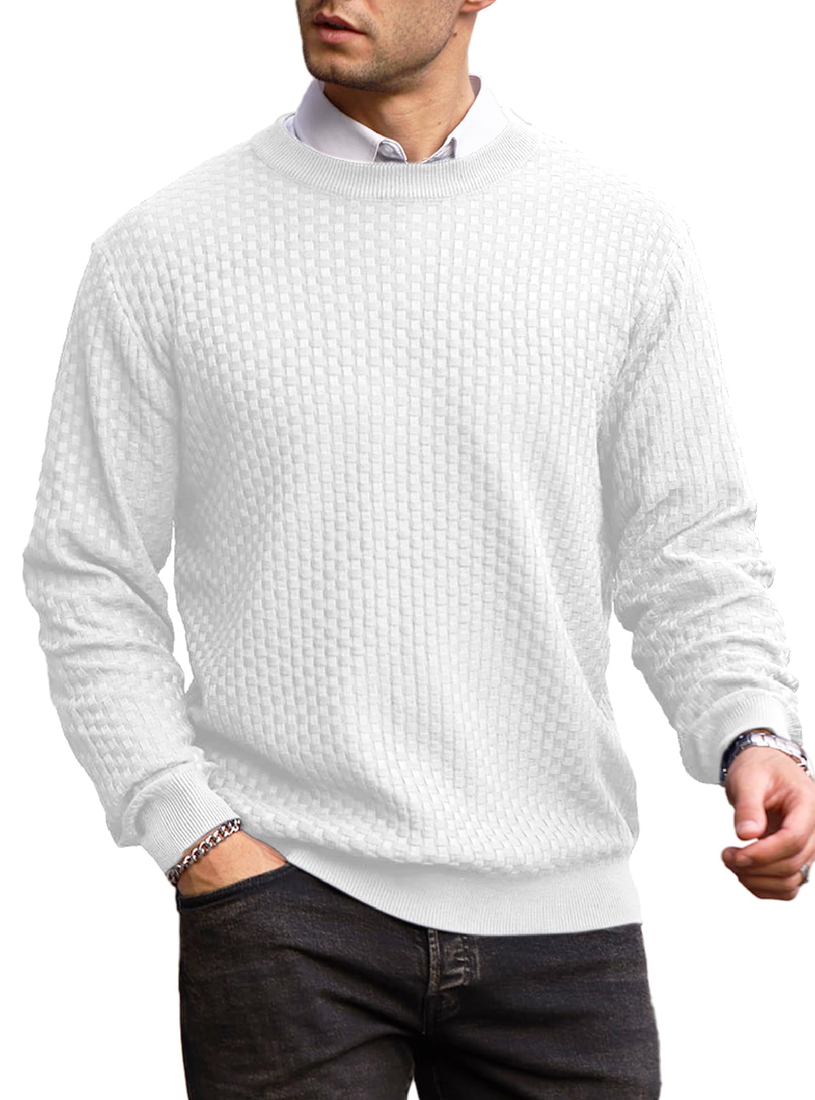 Zaitun Men's Crew Neck Jumper Waffle Knitted Sweater Warm Long Sleeve Pullover Casual Busin