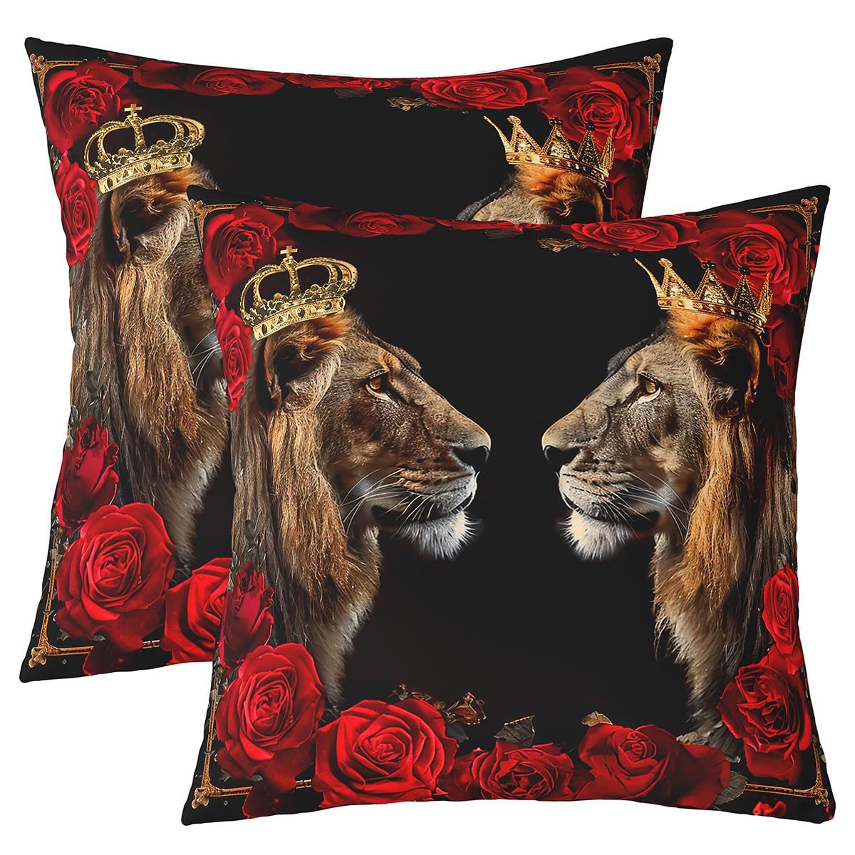 Loussiesd Kids Lion Couple Pillow Covers King and Queen Square Cushion Covers Set of 2 Wild Animal Rose Throw Pillow Covers Boys Girls Safari Print Teens Cushion Covers for Couch Sofa 60x60cm