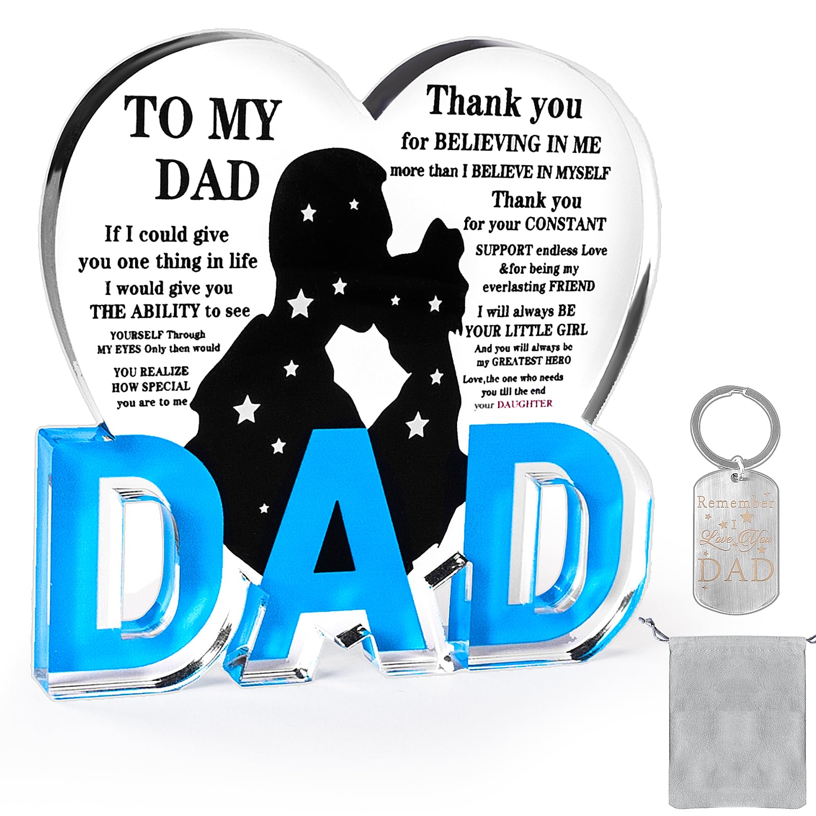 3Pcs Father's Day Gift, Christmas Gifts for Dad Set with Acrylic Heart Plaque Key Chain Vel