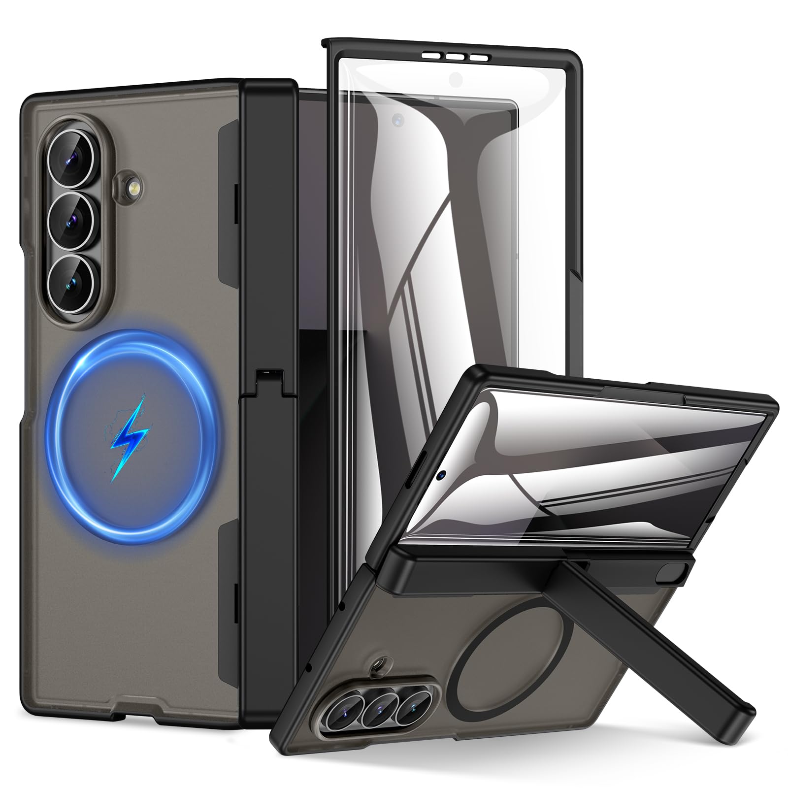 HWeggo for Samsung Galaxy Z Fold 7 Case with Kickstand & Front Screen Protector & Hinge Protection,Support Wireless Charging Translucent Military-Grade Hard Shockproof Cover,Black