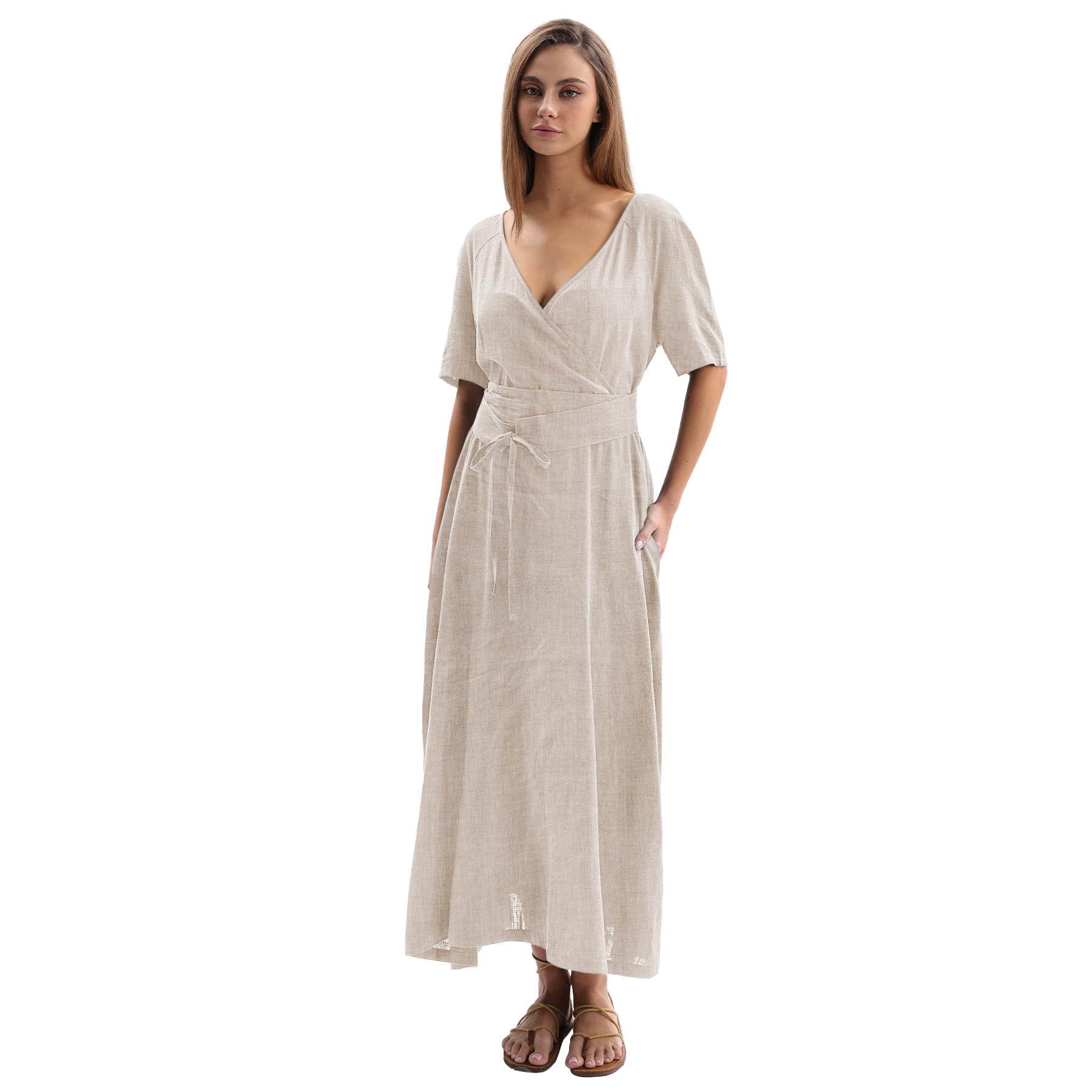 Amazhiyu Summer Women's V Neck Short Sleeve Dress, Casual Linen Blend Midi Dress with Belt