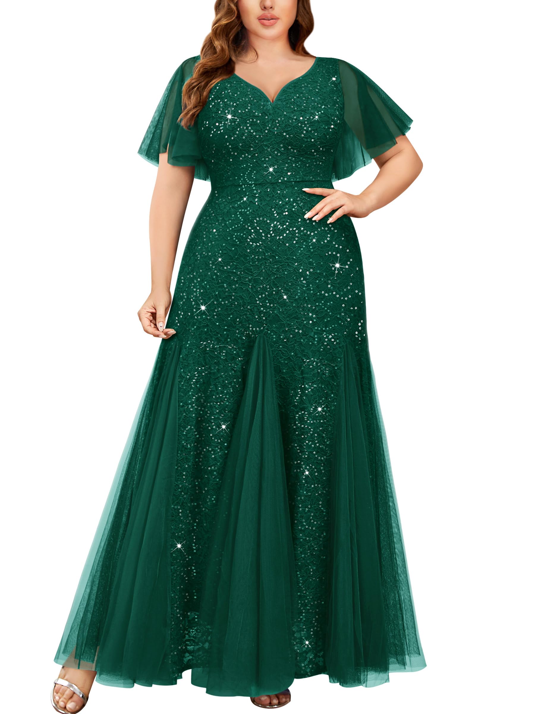 MISSMAY Women's Plus Size Sequins Lace Tulle Sweetheart Neck Ruffle Sleeves Formal Evening