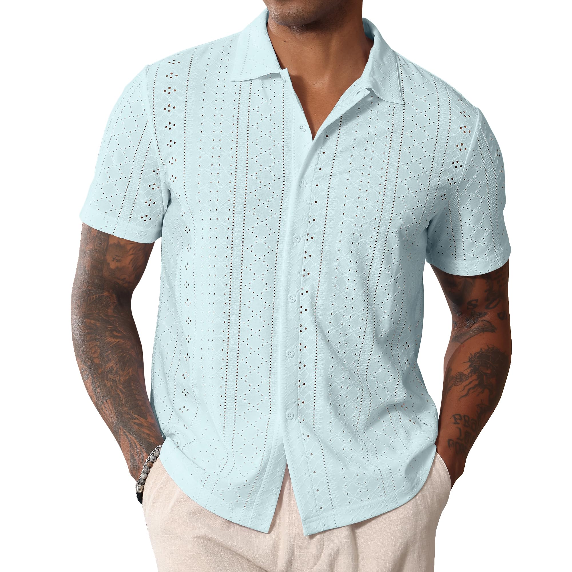 CTU Mens Short Sleeve Shirt Button Down Cuban Collared Shirts Casual Summer Beach Shirt Blu