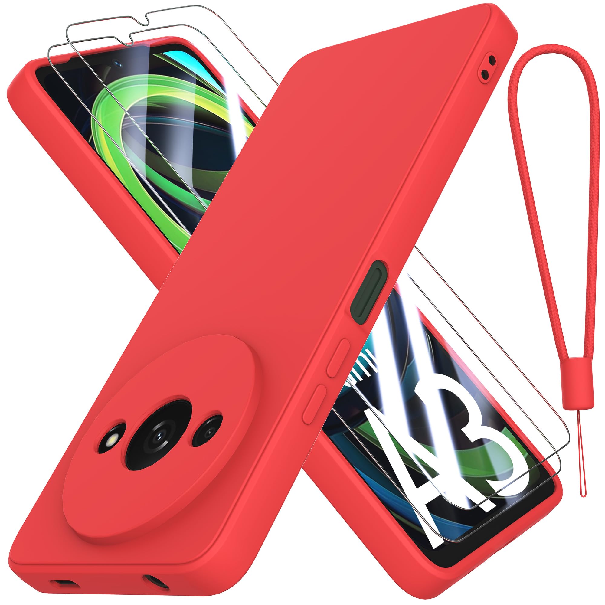 THIYUFUNS Case for Xiaomi Redmi A3 4G with 2 Tempered Glass Screen Protector, Silicone Slim Fit Shockproof Anti-Scratch Compatible with Xiaomi Redmi A3 4G - Red