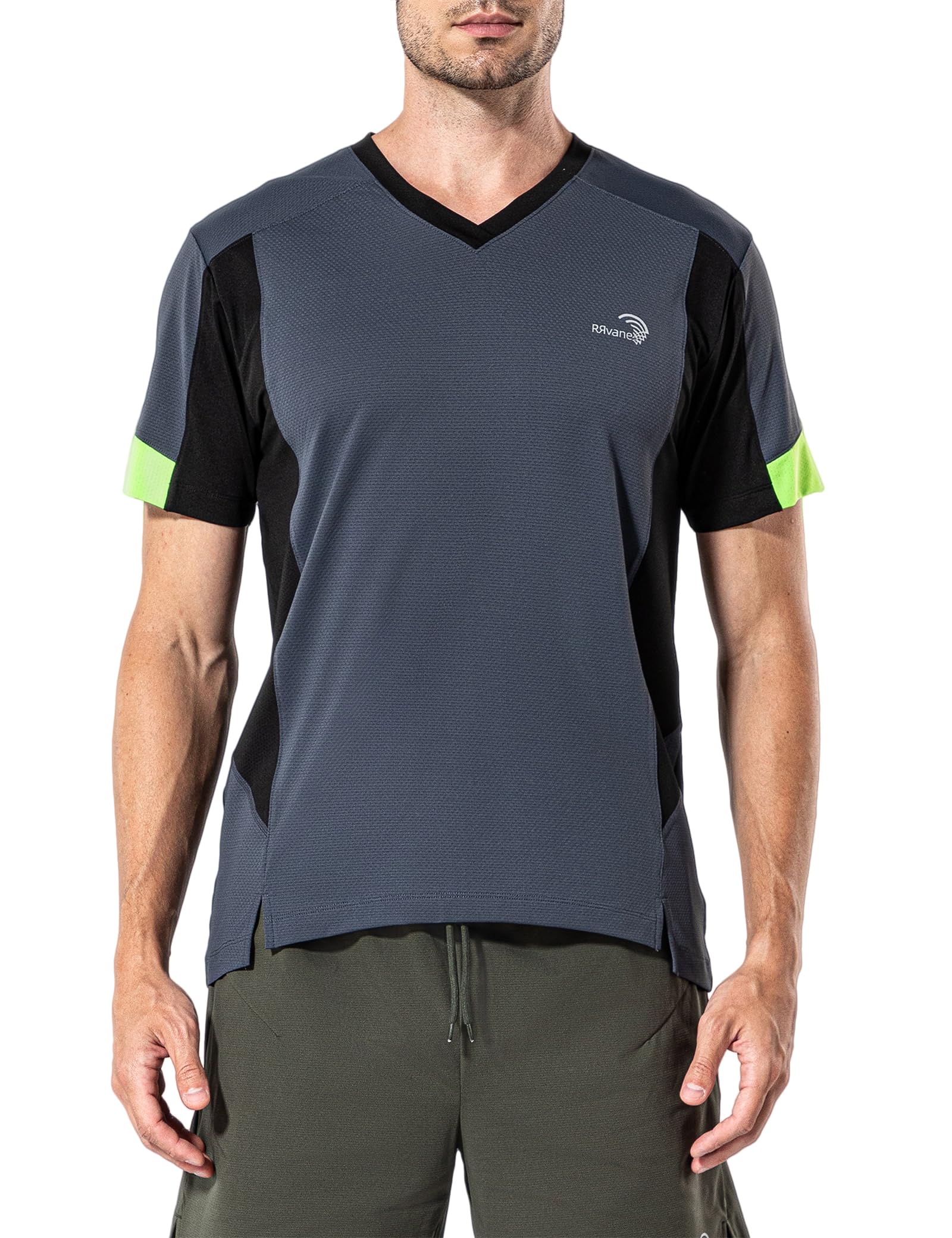 RRvane Men's V-Neck Sports Top, Lightweight Quick-Dry Running Shirt with Reflective Detail & Mesh Panels (M, Dark Grey)