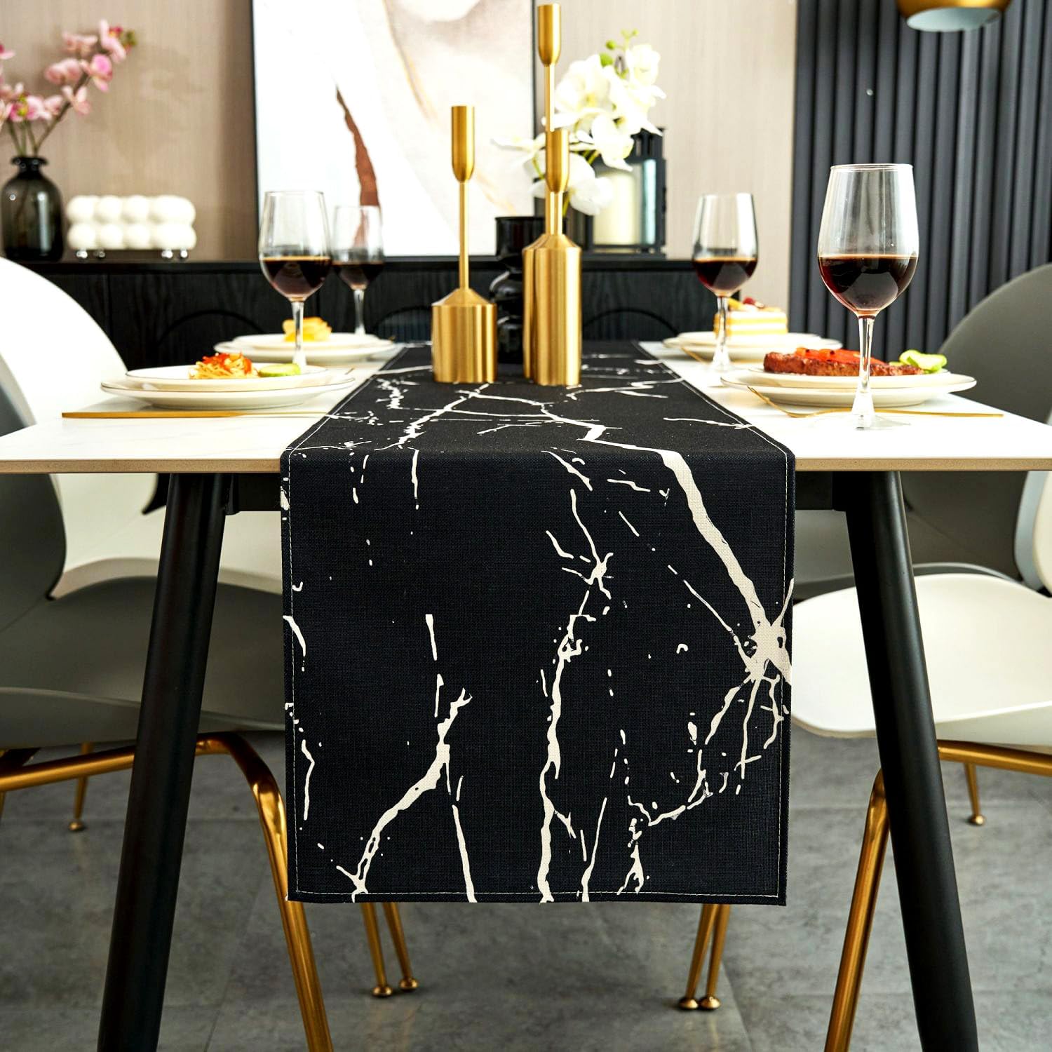 Jayusaror Table Runner Modern Autumn Black and White Linen Marble Golden Texture Abstract Art Washable Table Runner for Coffee Dining Room Dresser Side Table Bedroom 40 x 240 cm