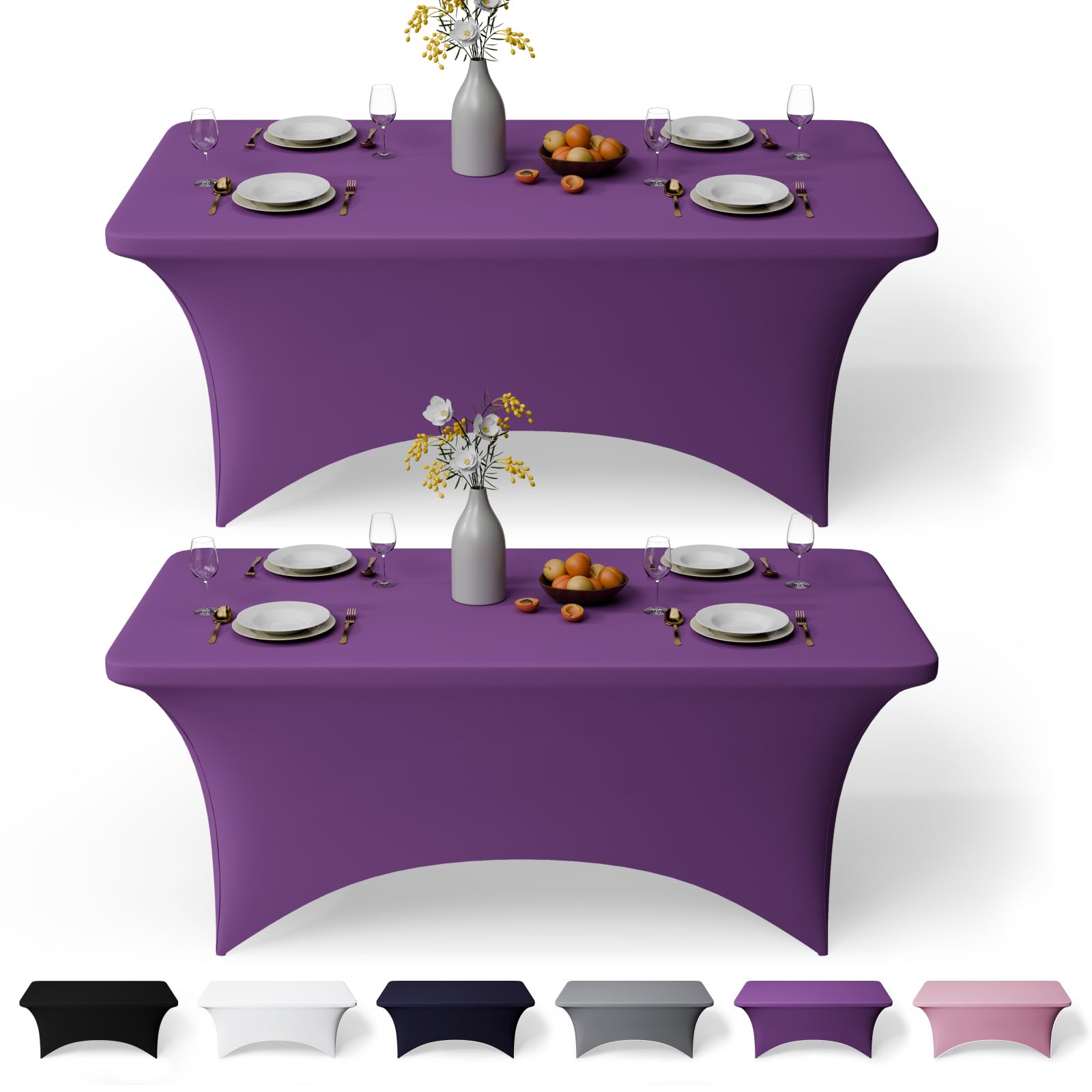 GFCC 4FT Spandex Table Covers 2 Pack - Purple Stretch Fitted Rectangular Tablecloth Washabl