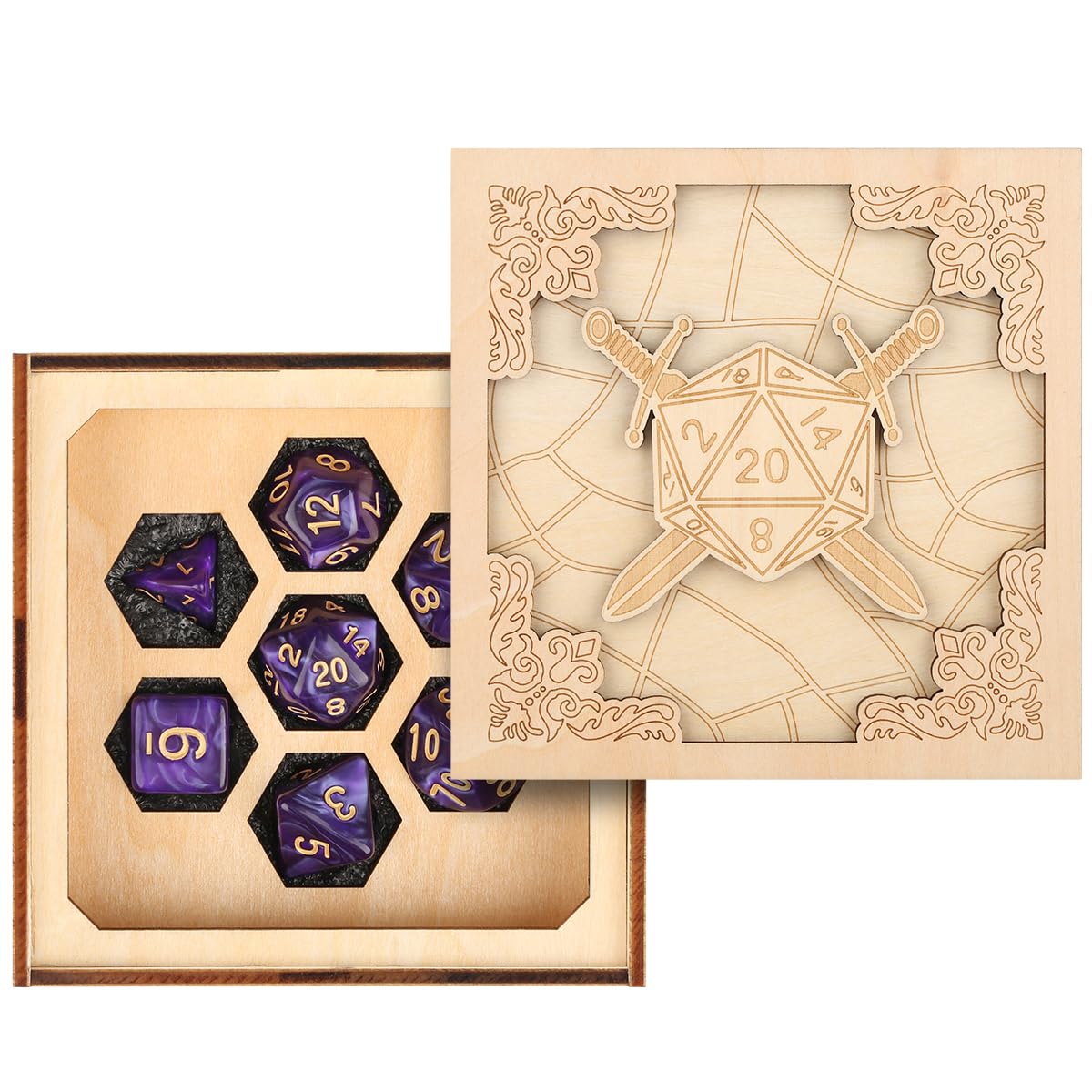 Dice Storage Container with 7 Purple Polyhedral Dices, RPG Accessories, Wooden Board Game S