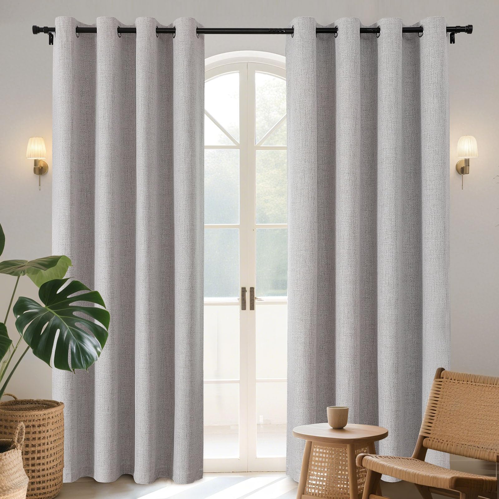 Joydeco 100% Blackout Lined Curtains W66 x L90 Inch Drop, Faux Linen Textured Thermal Insulated Eyelet Curtains with Coating Back Layer for Light Blocking Noise Reduction, Linen Colour - 2 Panels