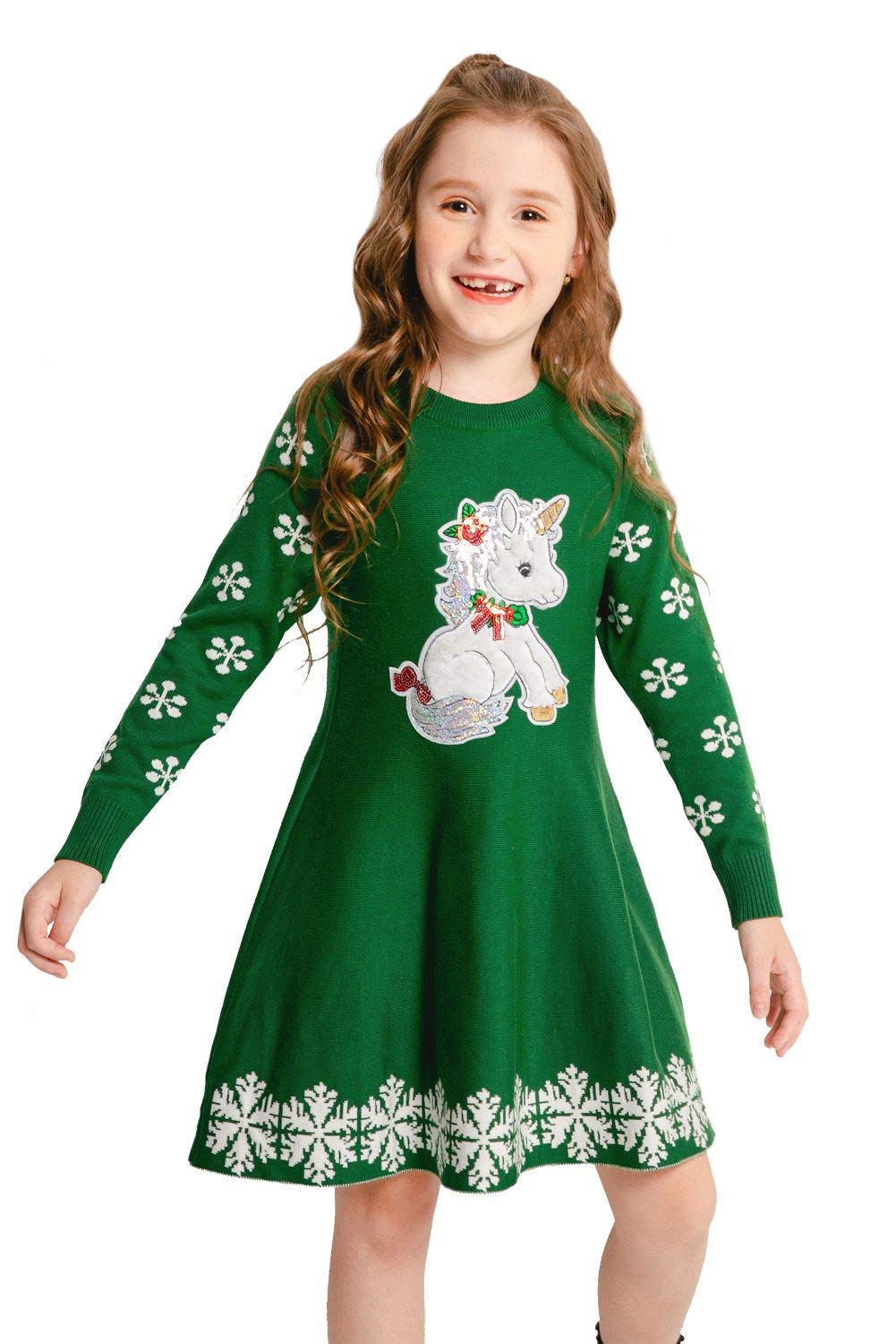 ZHUANNIAN Girls Unicorn Dress Knitted Xmas Snowflake Jumper Sweater Dresses Gifts (3-4years