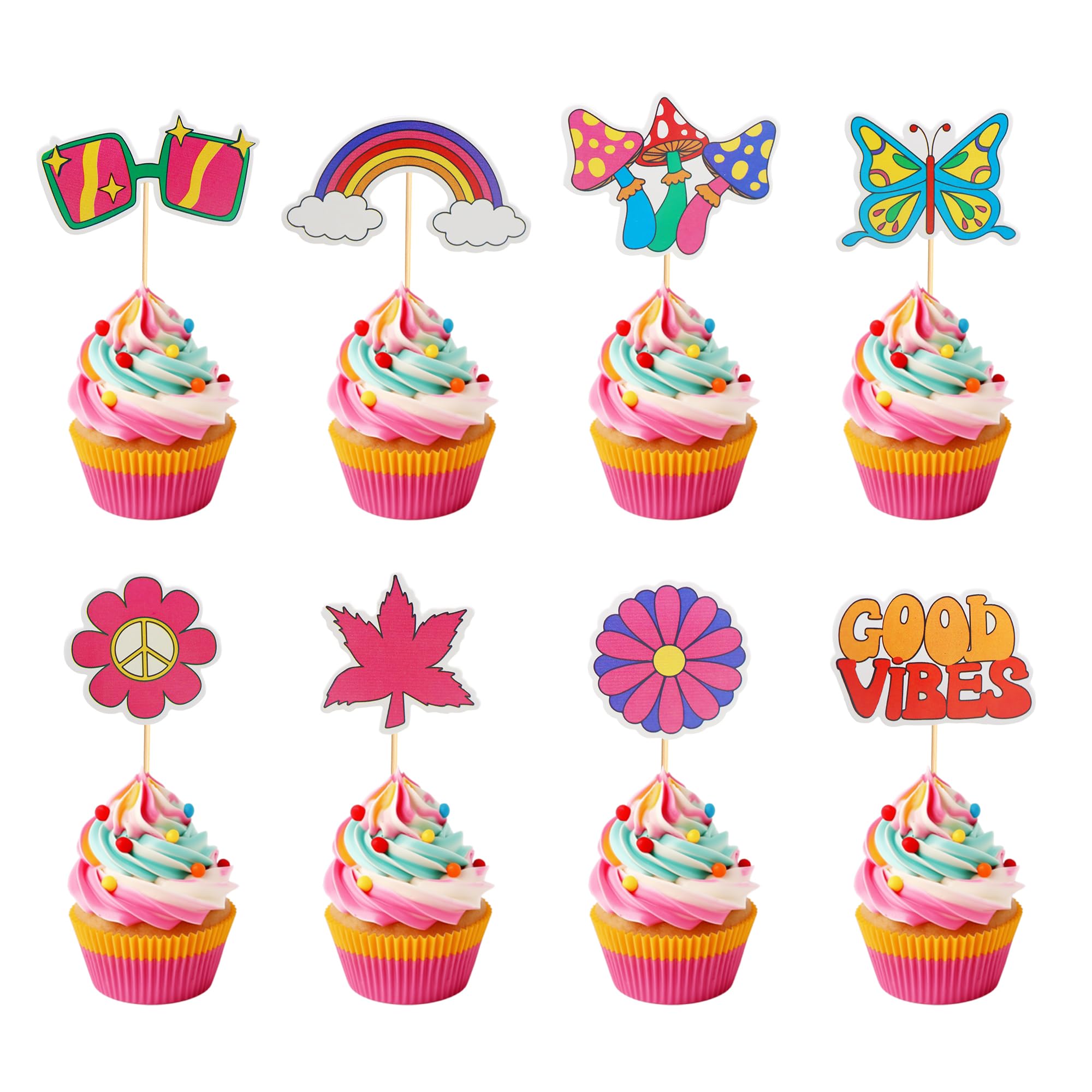 Arthsdite 24pcs Hippie Vibrant Cupcake Toppers for Groovy Birthday, Wedding, Graduation Par