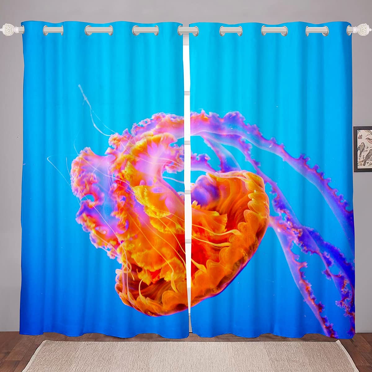Loussiesd Jellyfish Curtain Orange Ocean Creature Window Curtains For Kids Children Teens Sea Underwater Window Dreapes 3D Window Treatments Blue Bedroom Decor W46*L54