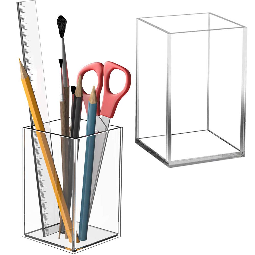 LWZko Pen Holder and Pencil Pot Desk - 2 Pieces Transparent Square Plastic Desk Organizer -