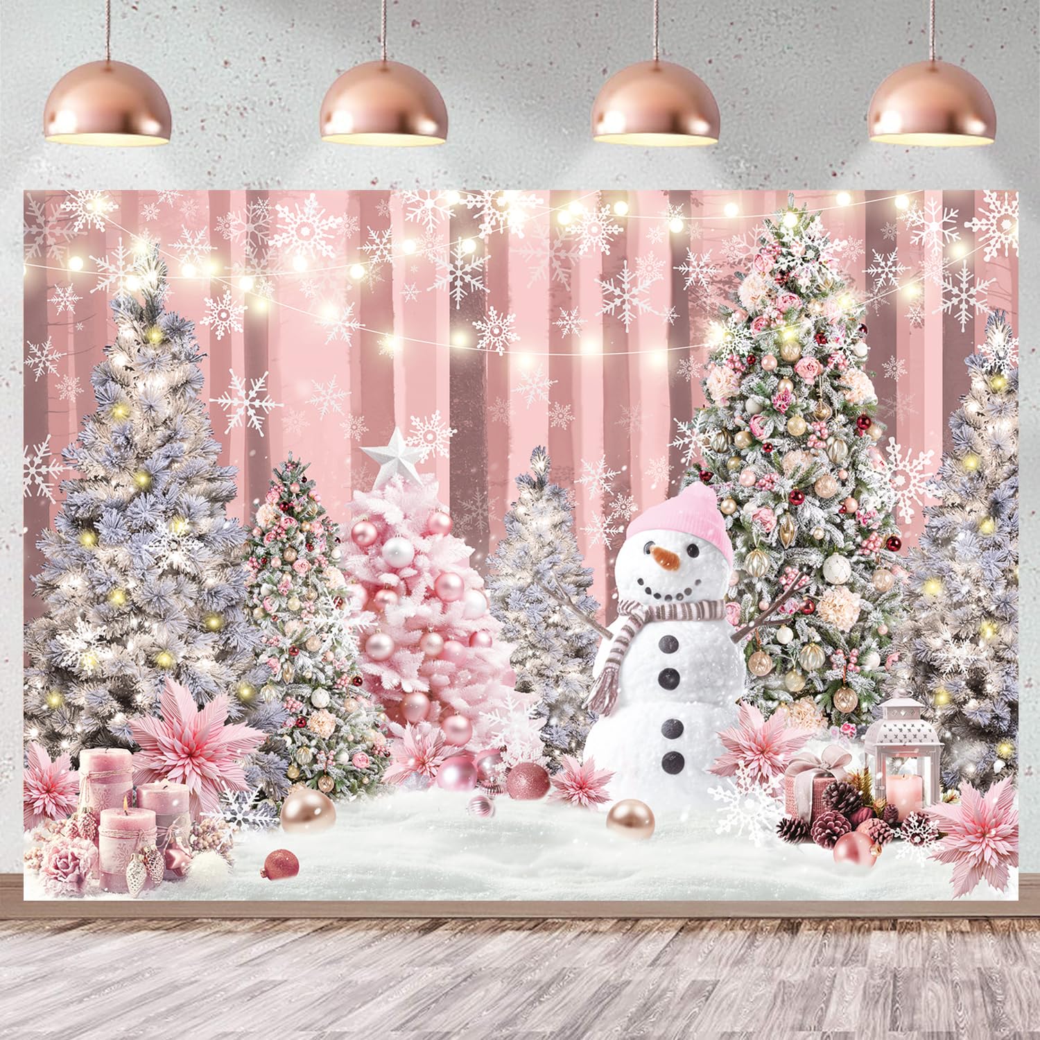 Pink Winter Backdrop for Photography Snowflake Xmas Tree Snowman Background Winter Christma